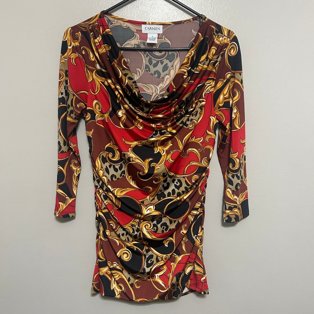 Carmen Marc Valvo Blouse S Red Baroque Leopard Ruched Cowl Neck Mob Wife Y2k